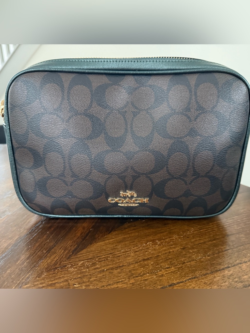 Coach Brown and Metallic Green Signature Canvas Crossbody with Gold Logo
